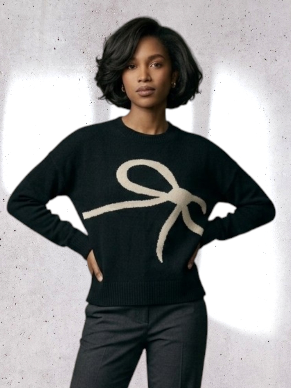 Tahari 100% Cashmere Black Bow Crewneck Sweater XL